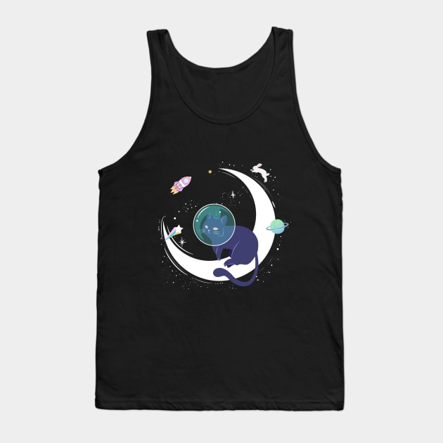 Black cat astronaut in space with the moon, rocket, shooting star, rabbit and planet Tank Top by keeplooping